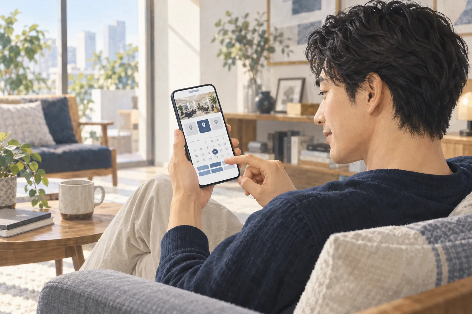 スマートフォンで店舗と予約日時を選ぶ様子