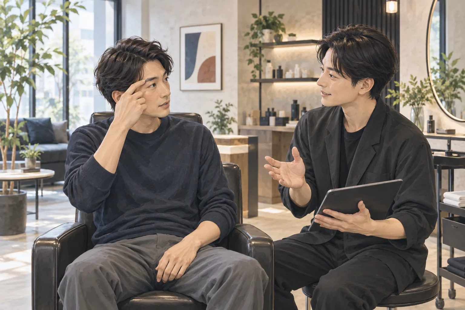 スタッフとお客様が眉の希望を相談する様子
